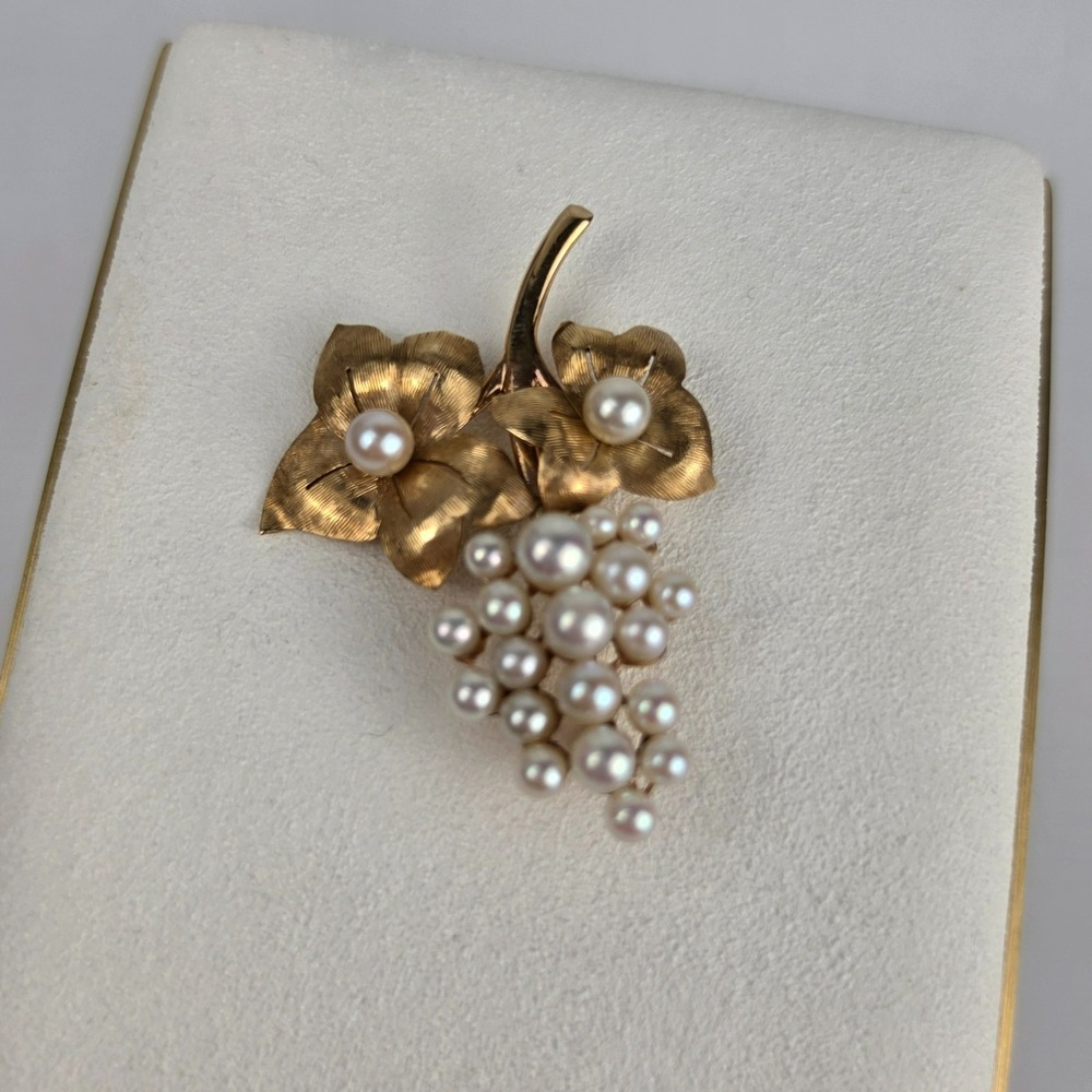 Vintage 14K Yellow Gold Cultured Pearl Cluster Flower Brooch Pin Estate Fine